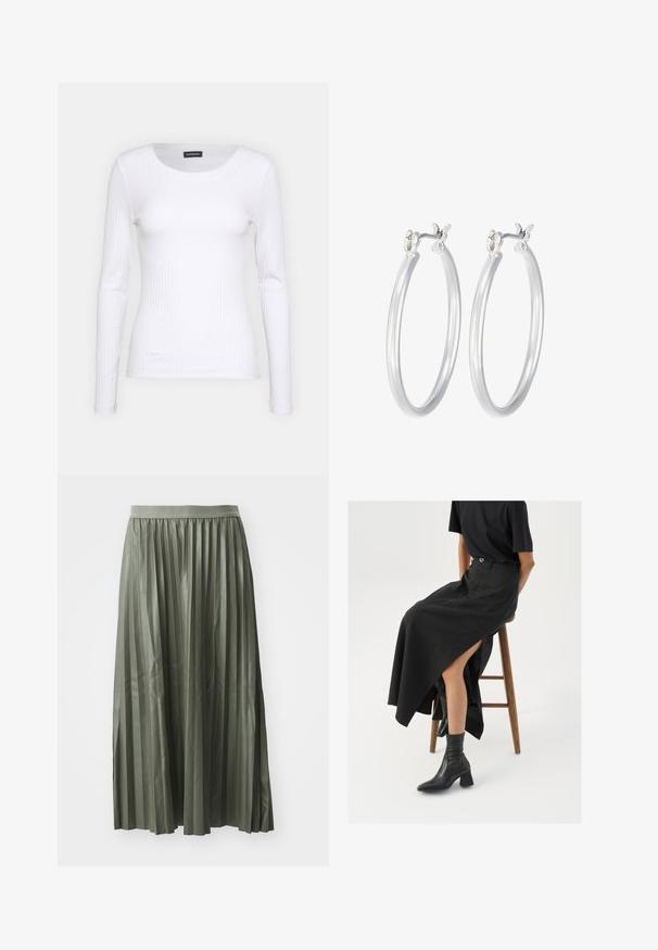 Balta, raukšlėta ilgarankovė palaidinė su apvalia iškirpte. Pagaminta iš elastingos medžiagos, kuri prisitaiko prie kūno. Pasipuošusi subtiliomis horizontaliosiomis linijomis.; Švelniai žalia, glotnaus audinio trumpa sijonas. Sukurtas su elastinga juosmeniu, siekia vidurinį blauzdos ilgį ir turi tolygiai išdėstytas vertikalias klostes.; Juoda lininė maksi sijonas su aukštu plyšiu, vilkimas su juodu marškinėliu ir juodais aulinukais. Minimalistinis dizainas su laisvu siluetu.; Sidabriniai auskarai su sklandžiu, poliruotu paviršiumi. Apvalios formos ir saugus uždarymo mechanizmas. Lengvas dizainas, tinkantis kasdieniam dėvėjimui.