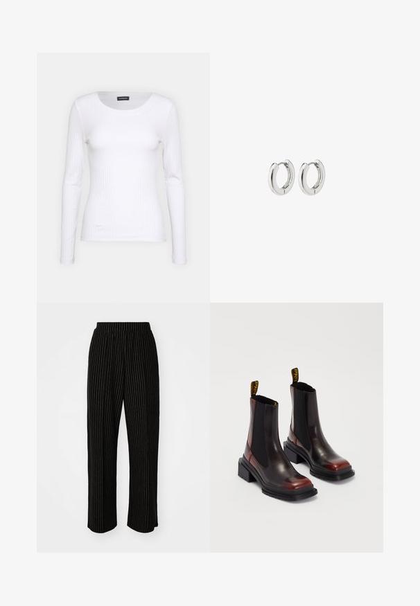 Bijela rebrasta dugosveđa majica s okruglim izrezom. Izrađena od rastezljivog materijala koji se prilagođava tijelu. Sadrži suptilne horizontalne linije.; Crne široke hlače s bijelim vertikalnim prugama, s elastičnim pojasom za udobnost i glatkom, mekom teksturom.; Dr. Martens MAYBOLE CHELSEA - Gležnjače s platformom - black/cherry red; Srebrne kružne naušnice s poliranim završetkom, koje imaju kružni dizajn i bešavne šarke, prikazujući glatku teksturu.