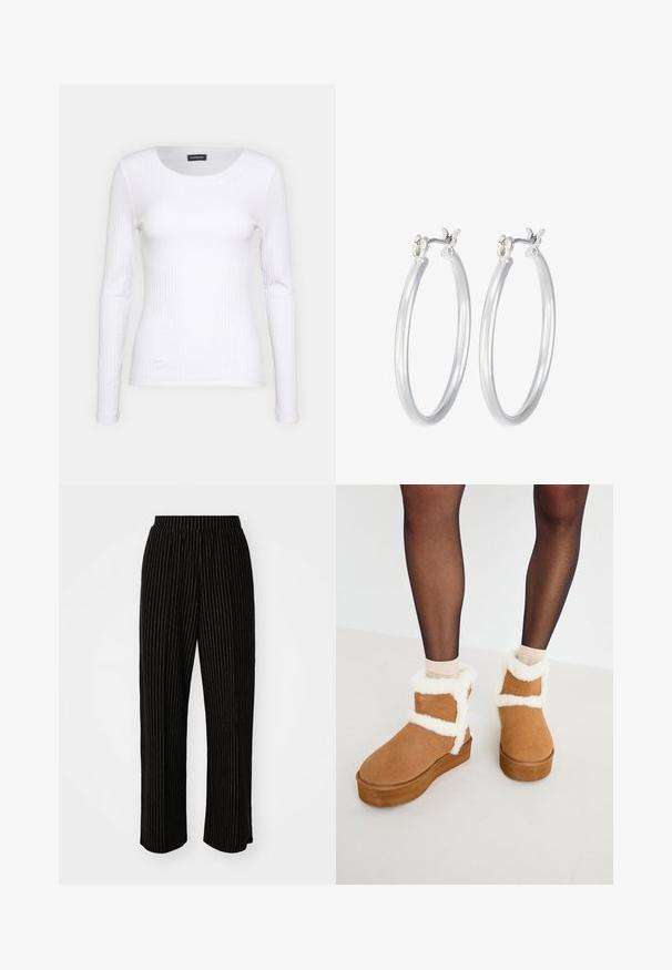 White ribbed long-sleeve top with a round neckline. Made from a stretchy fabric that hugs the body. Features subtle horizontal lines.; Black, wide-leg pants with white vertical pinstripes, featuring an elastic waistband for comfort and a smooth, soft texture.; Brown suede ankle boots with white faux fur trim and platform sole, featuring a cross-strap design. Smooth texture and rounded toe.; Silver hoop earrings with a smooth, polished finish. Round shape and secure click-top closure. Lightweight design suitable for everyday wear.