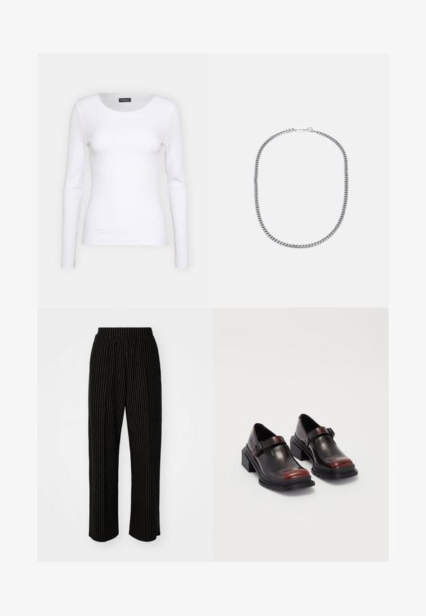 White ribbed long-sleeve top with a round neckline. Made from a stretchy fabric that hugs the body. Features subtle horizontal lines.; Black, wide-leg pants with white vertical pinstripes, featuring an elastic waistband for comfort and a smooth, soft texture.; Leather block-heeled shoes with a shiny dark burgundy finish, featuring a buckle strap and rounded toe design. Textured outsole for grip.; Silver metal chain necklace featuring thick, interlocking links, polished texture, and a small clasp with branding detail.