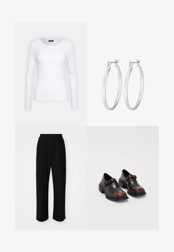 Bela rebrasta majica z dolgimi rokavi in okruglim izrezom. Narejena iz elastičnega materiala, ki se prilega telesu. Značilen je diskreten horizontalni potisk.; Črne široke hlače z belimi vertikalnimi štrikami, ki imajo elastičen pas za udobje in gladko, mehko teksturo.; Usnjeni čevlji z blok peto v sijočem temno burgundskem odtenku, s sponko in obliko okrogle pointe. Struktura podplata za dober oprijem.; Srebrni obroči za ušesa z gladko, polirano površino. Okrogla oblika in varna zaponka s klikom. Lahka zasnova, primerna za vsakodnevno nošenje.