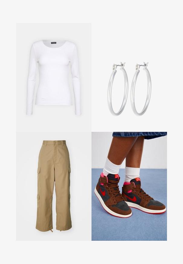 Top de manga larga blanco con cuello redondo. Fabricado en una tela elástica que se ajusta al cuerpo. Presenta sutiles líneas horizontales.; Pantalones cargo beige con cintura alta, piernas amplias y cuatro grandes bolsillos laterales. Fabricados con un tejido duradero y una textura suave, con un detalle mínimo.; Zapatillas altas con gamuza marrón y material negro, con acentos rosas, logotipo rojo de Nike y suela blanca. Collar y lengua texturizados.; Pendientes de aro de plata con un acabado liso y pulido. Forma redonda y cierre de click seguro. Diseño ligero adecuado para el uso diario.