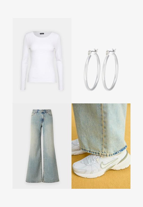 Hvid ribbet langærmet trøje med rund halsudskæring. Fremstillet af et strækstof, der sidder tæt til kroppen. Har subtile horisontale linjer.; Lysblå brede jeans med høj talje, der har en falmet finish, frontlommer og en let spaltning i bunden af benene.; Hvide sportsko med mesh-overdel, grønne accenter, tekstureret sål, parret med lyseblå denimjeans med en flosset kant.; Sølv hoop øreringe med en glat, poleret overflade. Rund form og sikker klik-lukning. Letvægtsdesign, der er velegnet til hverdagsbrug.