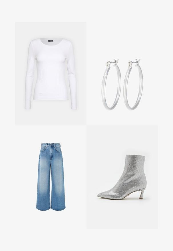 Biała, prążkowana bluzka z długim rękawem i okrągłym dekoltem. Wykonana z elastycznej tkaniny, która dobrze przylega do ciała. Posiada subtelne poziome pasy.; Jasnoniebieskie dżinsy z szerokimi nogawkami, wykonane z denimu, z wysokim stanem, zapięciem na guzik oraz delikatnym przetarciem i równymi brzegami dołu.; Srebrny botek za kostkę o teksturowanej, siateczkowej powierzchni, spiczastym nosku i niskim, zbudowanym obcasie. Posiada gładką podszewkę wewnętrzną.; Srebrne kolczyki w formie kółek o gładkim, polerowanym wykończeniu. O okrągłym kształcie i pewnym zapięciu na klik. Lekka konstrukcja odpowiednia do codziennego noszenia.