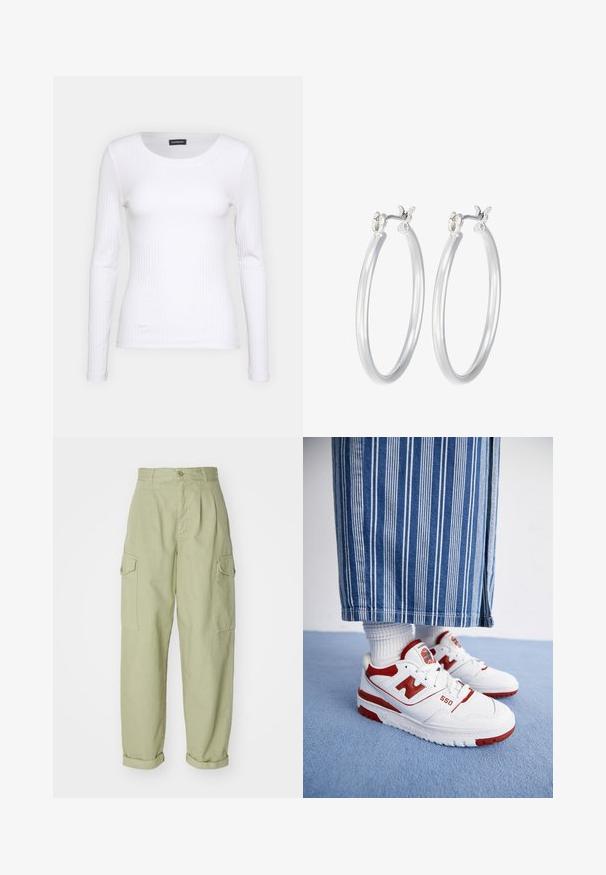 Valge soonikuline pikkade varrukatega pluus ümmarguse kaelusega. Valmistatud venivast kangast, mis kehale siledalt ümber läheb. Omab peeneid horisontaalseid jooni.; Heledad rohelised cargo püksid, valmistatud puuvillakangast. Omavad kõrget talje, volditud pahkluup, ja kahte külgpoket lisafunktsionaalsuse jaoks.; Valged ja punased New Balance 550 tennisjalanõud, millel on perforatsioonid ja paks kummist tald, koos valgete ribatekstiilis sokkidega ning triibuliste teksapükstega.; Hõbedased rõngaskõrvarõngad, millel on sile, läikiv viimistlus. Ümmargune kuju ja turvaline klõpsulatus. Kerge disain, sobib igapäevaseks kandmiseks.