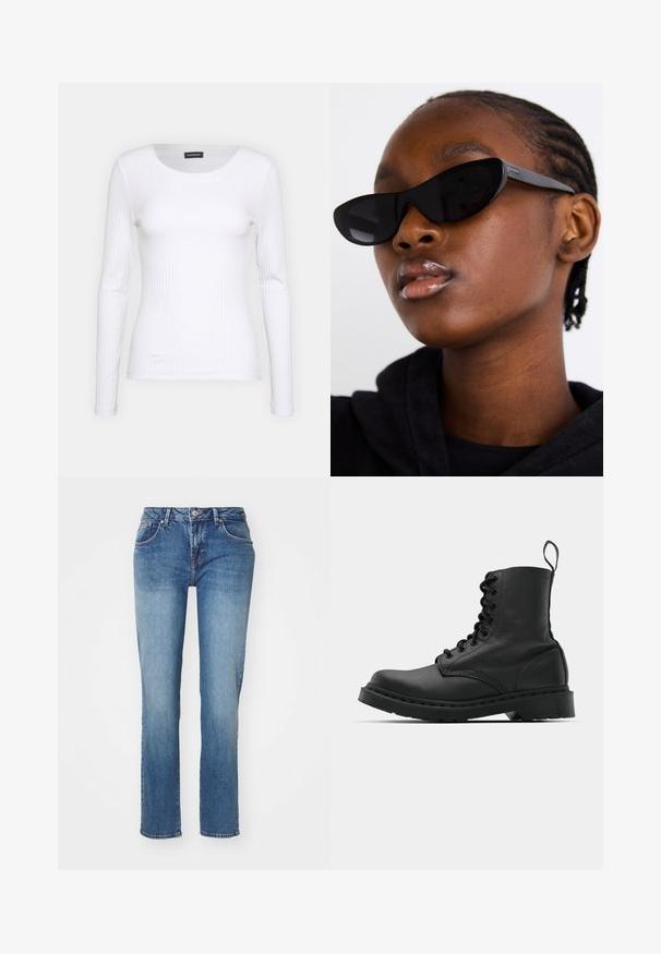 Balts ribots garām piedurknēm krekls ar apaļu kakla izgriezumu. Izgatavots no elastīga auduma, kas pieguļ ķermenim. Iezīmējas ar smalkām horizontālām līnijām.; Zili džinsi ar taisnu kāju griezumu, ar klasisku piecu kabatu dizainu un nedaudz izbalinātu apdari. Detalizācija ietver pogu un rāvējslēdzēju.; Melnas ādas kaujas zābaki ar apaļu purngalu, auklām priekšā un cilpu potītes daļā. Iespējojums ir biezs gumijas zolei, kas nodrošina izturību.; Melnas kaķa acs saulesbrilles ar matētu apdari, kas izceļas ar elegantu dizainu un maigi izliektiem stūriem, fona attēlā ir modelis ar tumšām drēbēm.; Sudraba riņķveida auss gredzeni ar gludu, pulētu apdari. Apaļa forma un drošs klikšķa augšējais slēgums. Viegls dizains, kas piemērots ikdienas valkāšanai.