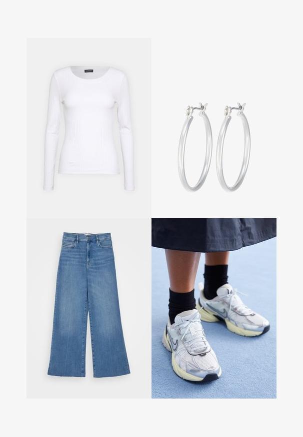 Biała, prążkowana bluzka z długim rękawem i okrągłym dekoltem. Wykonana z elastycznej tkaniny, która dobrze przylega do ciała. Posiada subtelne poziome pasy.; FRAME - Wide leg; Białe i srebrne sneakersy Nike z siateczkowym materiałem, odblaskowymi akcentami i beżową podeszwą. Noszone z czarnymi skarpetkami, stojące na niebieskiej powierzchni.; Srebrne kolczyki w formie kółek o gładkim, polerowanym wykończeniu. O okrągłym kształcie i pewnym zapięciu na klik. Lekka konstrukcja odpowiednia do codziennego noszenia.