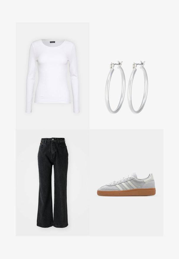 Valge soonikuline pikkade varrukatega pluus ümmarguse kaelusega. Valmistatud venivast kangast, mis kehale siledalt ümber läheb. Omab peeneid horisontaalseid jooni.; Mustmustest mustrahnad, laia sääre lõikega ja õmblustähtedega. Omab viit taskut ja nööpi vööl.; Heledad hallhall kreemikas nähtav dress särk valgete nahka elementidega, kolm valget triipu ja pruun kummikreen, millel on mugavuse tagamiseks pehmendusega kaelus.; Hõbedased rõngaskõrvarõngad, millel on sile, läikiv viimistlus. Ümmargune kuju ja turvaline klõpsulatus. Kerge disain, sobib igapäevaseks kandmiseks.