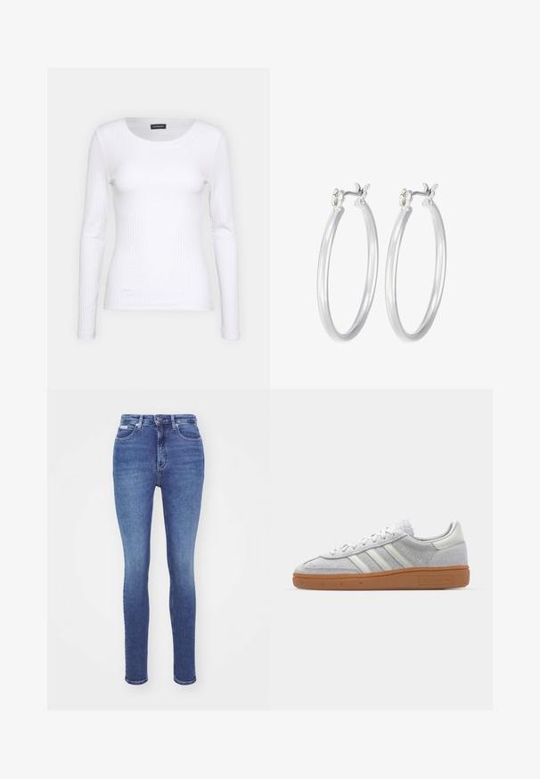 Bela rebrasta majica z dolgimi rokavi in okruglim izrezom. Narejena iz elastičnega materiala, ki se prilega telesu. Značilen je diskreten horizontalni potisk.; Mršavi traperice od srednje plave denima. Imaju visoki struk, klasičan dizajn s pet džepova i metalnu dugmad na struku.; Svjetlo sivi suedesni sportski cipeli s bijelim kožnim naglascima, tri bijele pruge i smeđi gumeni potplat, s podstavljenim ovratnikom za udobnost.; Srebrni obroči za ušesa z gladko, polirano površino. Okrogla oblika in varna zaponka s klikom. Lahka zasnova, primerna za vsakodnevno nošenje.