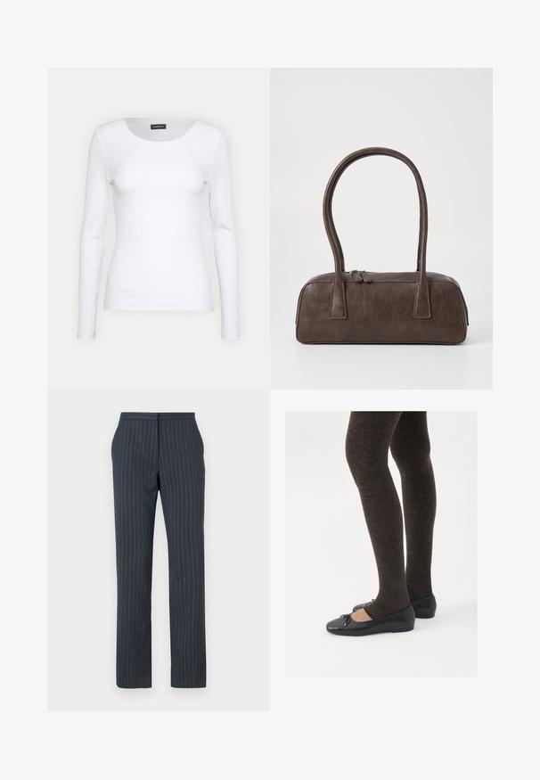 Weißes geripptes Langarmoberteil mit Rundhalsausschnitt. Aus einem dehnbaren Stoff gefertigt, der den Körper umschmeichelt. Verfügt über dezente horizontale Streifen.; Dunkelblaue Hose mit vertikalen Nadelstreifen, taillierter Schnitt, glatte Textur, gerade Beine und ein standardmäßiger Bund.; Schwarze flache Schuhe mit einem kleinen Schleifendetail an der Zehe, kombiniert mit dunkelbraunen gerippten Strumpfhosen. Die Schuhe haben eine glatte Textur und ein niedriges Profil.; Braune Lederhandtasche mit zwei stabilen Griffen, rechteckiger Form, glatter Oberfläche und Reißverschluss. Minimalistisches Design ohne sichtbare Muster.