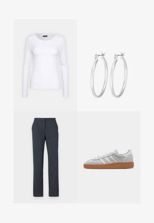 Biała, prążkowana bluzka z długim rękawem i okrągłym dekoltem. Wykonana z elastycznej tkaniny, która dobrze przylega do ciała. Posiada subtelne poziome pasy.; Ciemnoniebieskie spodnie z pionowymi paskami, dopasowany krój, gładka tekstura, proste nogawki i standardowy pas.; Jasnoszare zamszowe sneakersy z białymi skórzanymi akcentami, trzema białymi paskami i brązową gumową podeszwą, z wyściełanym kołnierzem dla komfortu.; Srebrne kolczyki w formie kółek o gładkim, polerowanym wykończeniu. O okrągłym kształcie i pewnym zapięciu na klik. Lekka konstrukcja odpowiednia do codziennego noszenia.