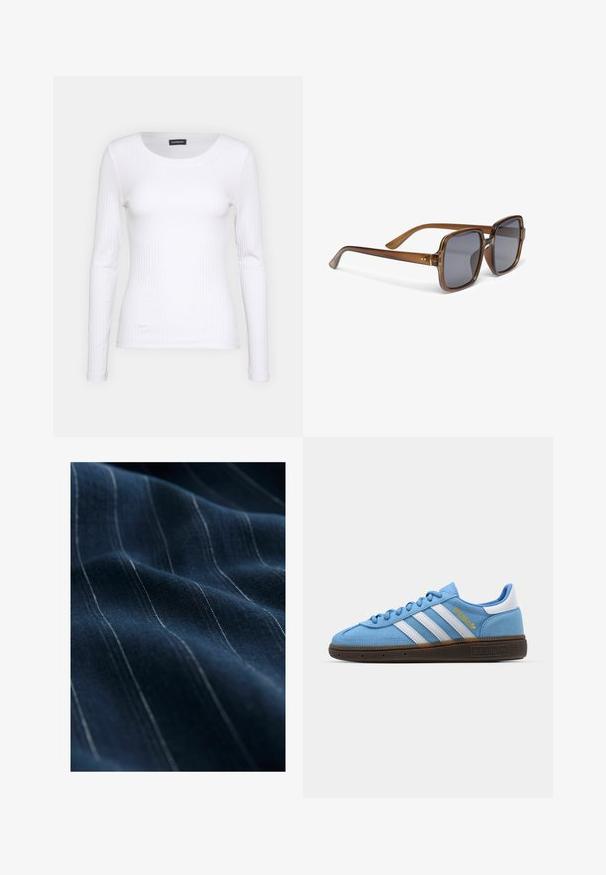 Vit ribbad långärmad topp med rund halsringning. Tillverkad av ett elastiskt material som följer kroppens konturer. Har diskreta horisontella linjer.; Marinblått tyg med fina vita vertikala ränder, som visar en slät textur och lätt glans, vikt för att framhäva dess drapering och mjukhet.; Ljusblå mockaskor med vita läderränder, en brun strukturerad sula och detaljer i guld. Lågdesign med rund tå.; Bruna fyrkantiga solglasögon med grå linser, har en transparent båge och slanka, böjda armar med subtila detaljaccenter.; Gul läderhandväska med halvmåneform, slät textur, avtagbar rem och dragkedjestängning. Utrustad med guldfärgad hårdvara.