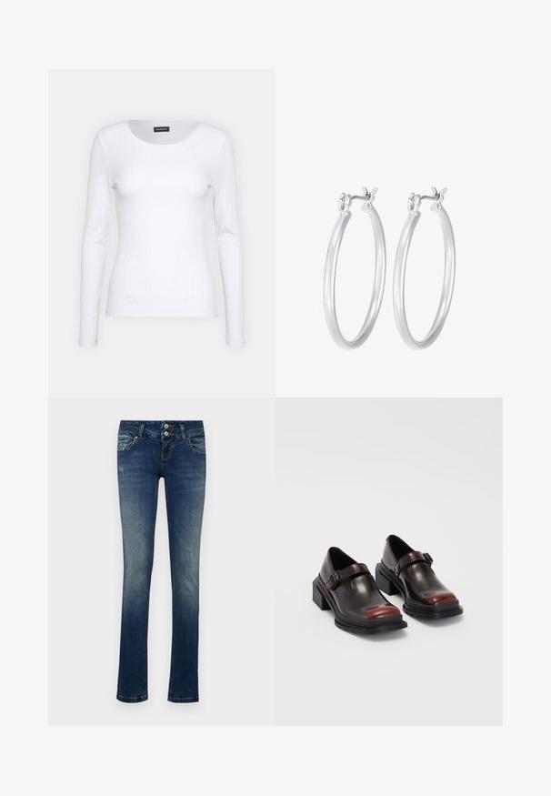 Bijela rebrasta dugosveđa majica s okruglim izrezom. Izrađena od rastezljivog materijala koji se prilagođava tijelu. Sadrži suptilne horizontalne linije.; Plave traperice s uskim krojem, koje imaju zatvaranje na dva gumba, izblijedjeli efekt i blage ogrebotine na prednjim džepovima.; Cipele s blok potpeticom od kože, s sjajnom tamnocrvenom završnom obradom, opremljene remenom s kopčom i dizajnom s okruglim nosom. Teksturirani đon za prianjanje.; Srebrne kružne naušnice s glatkom, poliranom površinom. Okrugli oblik i sigurno kopčanje na klik. Lagani dizajn pogodan za svakodnevno nošenje.
