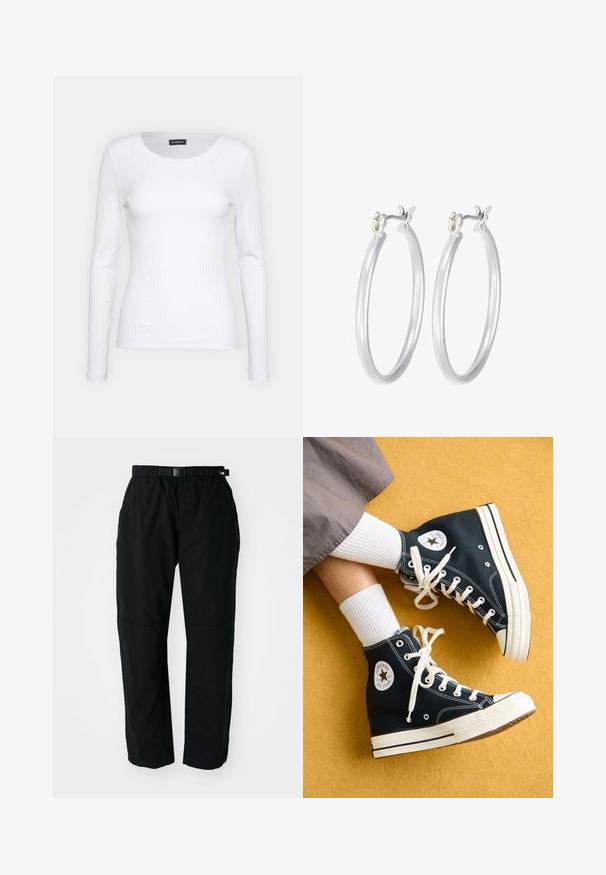 Witte geribbelde langemouwen top met een ronde halslijn. Gemaakt van een rekbare stof die het lichaam volgt. Heeft subtiele horizontale lijnen.; Zwarte lichtgewicht broek met een elastische tailleband en verstelbare riem. Kenmerkt zich door taps toelopende benen en versterkte knieën voor duurzaamheid.; Zwarte canvas hoge sneakers met witte veters en rubberen zolen, met een ronde Converse All Star-logo aan de buitenzijde.; Zilveren oorbellen in de vorm van een gladde, gepolijste ring. Ronde vorm met een veilige kliksluiting. Lichtgewicht ontwerp, geschikt voor dagelijks gebruik.
