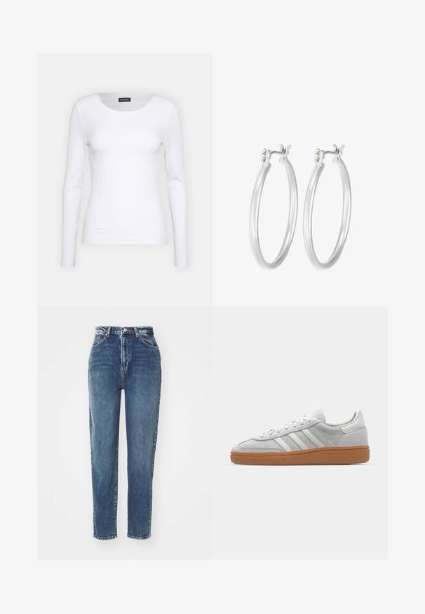 Valge soonikuline pikkade varrukatega pluus ümmarguse kaelusega. Valmistatud venivast kangast, mis kehale siledalt ümber läheb. Omab peeneid horisontaalseid jooni.; Sinine denimist valmistatud teksad kõrge vöökohaga, sirge jala kujundusega, nähtava õmblusega ja klassikalise viie taskuga stiilis. Sile tekstuur, kerge pleekimine.; Heledad hallhall kreemikas nähtav dress särk valgete nahka elementidega, kolm valget triipu ja pruun kummikreen, millel on mugavuse tagamiseks pehmendusega kaelus.; Hõbedased rõngaskõrvarõngad, millel on sile, läikiv viimistlus. Ümmargune kuju ja turvaline klõpsulatus. Kerge disain, sobib igapäevaseks kandmiseks.