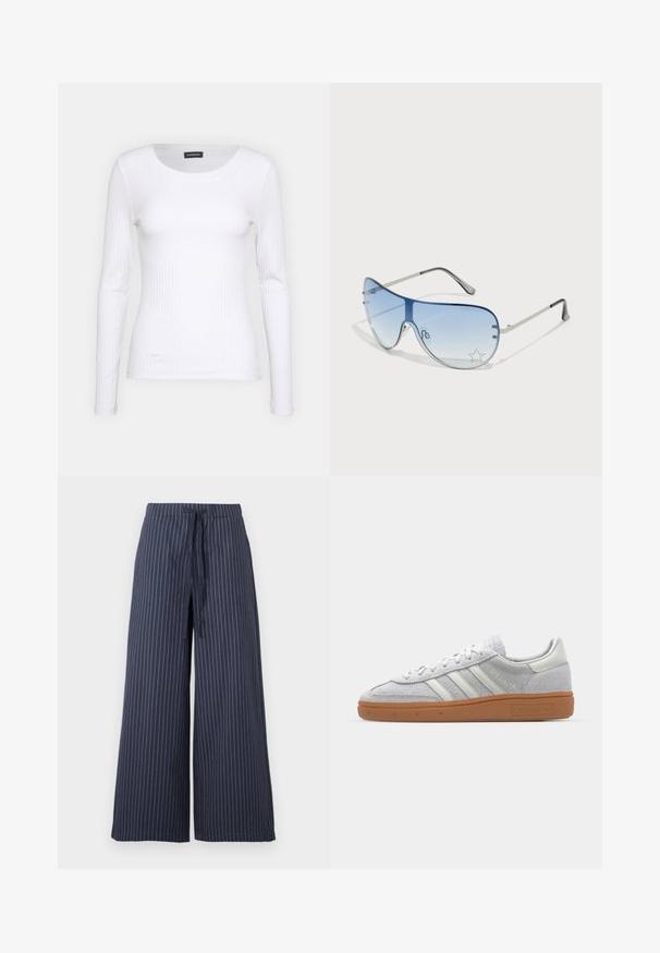 Bijela rebrasta dugosveđa majica s okruglim izrezom. Izrađena od rastezljivog materijala koji se prilagođava tijelu. Sadrži suptilne horizontalne linije.; Široke hlače u tamnoplavoj boji s bijelim okomitim prugama. Izrađene su od lagane tkanine, s elastičnim pojasom i glatkom teksturom.; Svijetlosivi nubuk tenisice s bijelim kožnim detaljima, tri bijele pruge i smeđa gumena potplat, s podstavljenim ovratnikom radi udobnosti.; Naočale tipa avijatičar s gradijentnim plavim staklima, okvirom od srebrnog metala i dekorativnim zvjezdastim naglascima na staklima. Glatki i elegantni dizajn.