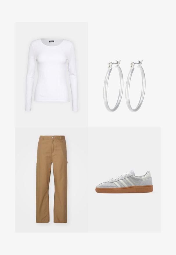 Hvid ribbet langærmet trøje med rund halsudskæring. Fremstillet af et strækstof, der sidder tæt til kroppen. Har subtile horisontale linjer.; Brune, lige benbukser lavet af bomuldsblanding. Har en frontal knaplukning og to sidelommer; glat, mat overflade.; Lys grå ruskinds sneaker med hvide læderdetaljer, tre hvide striber og en brun gummisål, der har en polstret krave for komfort.; Sølv hoop øreringe med en glat, poleret overflade. Rund form og sikker klik-lukning. Letvægtsdesign, der er velegnet til hverdagsbrug.
