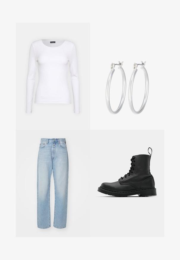 Top de manga larga blanco con cuello redondo. Fabricado en una tela elástica que se ajusta al cuerpo. Presenta sutiles líneas horizontales.; Jeans de pierna recta de color azul claro, hechos de denim, con una cintura alta, diseño de cinco bolsillos y cierre de botón.; Botín de combate de cuero negro con punta redonda, parte delantera con cordones y una lengüeta en el tobillo. Presenta una suela de goma gruesa para mayor durabilidad.; Pendientes de aro de plata con un acabado liso y pulido. Forma redonda y cierre de click seguro. Diseño ligero adecuado para el uso diario.