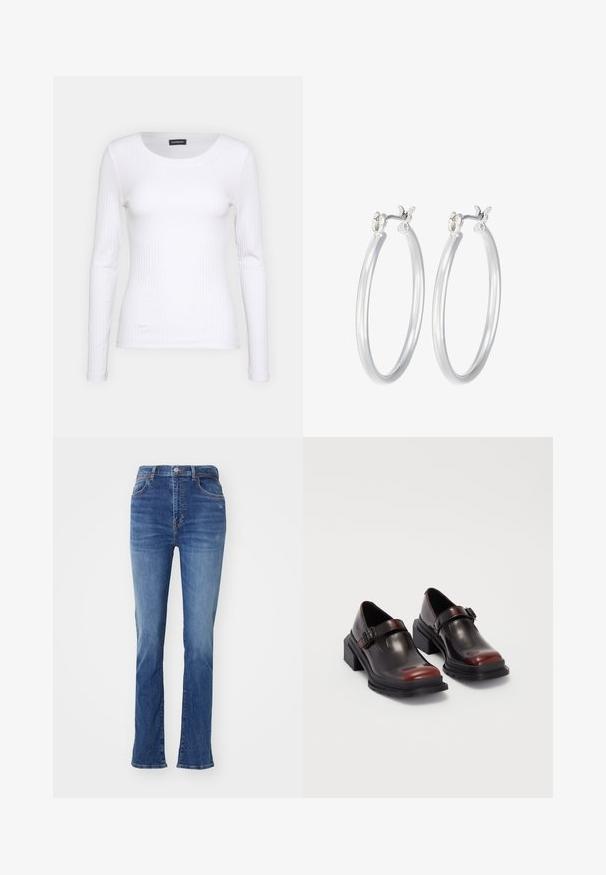 Balts ribots garām piedurknēm krekls ar apaļu kakla izgriezumu. Izgatavots no elastīga auduma, kas pieguļ ķermenim. Iezīmējas ar smalkām horizontālām līnijām.; Gai zilgani denima džinsi ar platām kājām, ar standarta jostasvietu, piecām kabatām un vieglu izbalēšanu visā virsmā.; Ādas blokveida papēžu kurpes ar spīguļojošu tumši sarkanu apdari, aprīkotas ar sprādzi un noapaļotu purngali. Teksturēts zole labākai saķerei.; Sudraba riņķveida auss gredzeni ar gludu, pulētu apdari. Apaļa forma un drošs klikšķa augšējais slēgums. Viegls dizains, kas piemērots ikdienas valkāšanai.