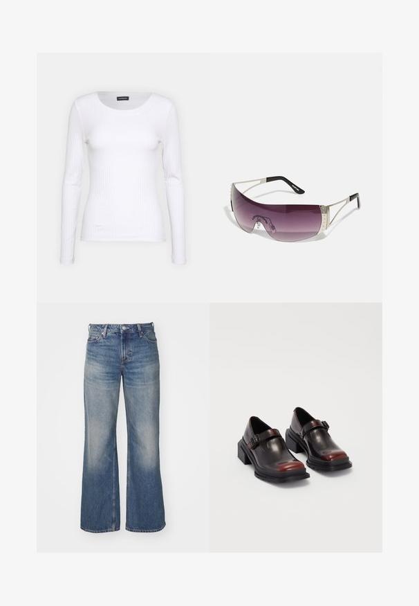 White ribbed long-sleeve top with a round neckline. Made from a stretchy fabric that hugs the body. Features subtle horizontal lines.; Light blue denim jeans with a wide leg design, featuring a faded wash, five pockets, and a button fly. Detailed stitching along seams.; Leather block-heeled shoes with a shiny dark burgundy finish, featuring a buckle strap and rounded toe design. Textured outsole for grip.; Sunglasses with a large, curved purple lens, silver metal accents, and black temples featuring a logo. Textured details on the frame are visible.