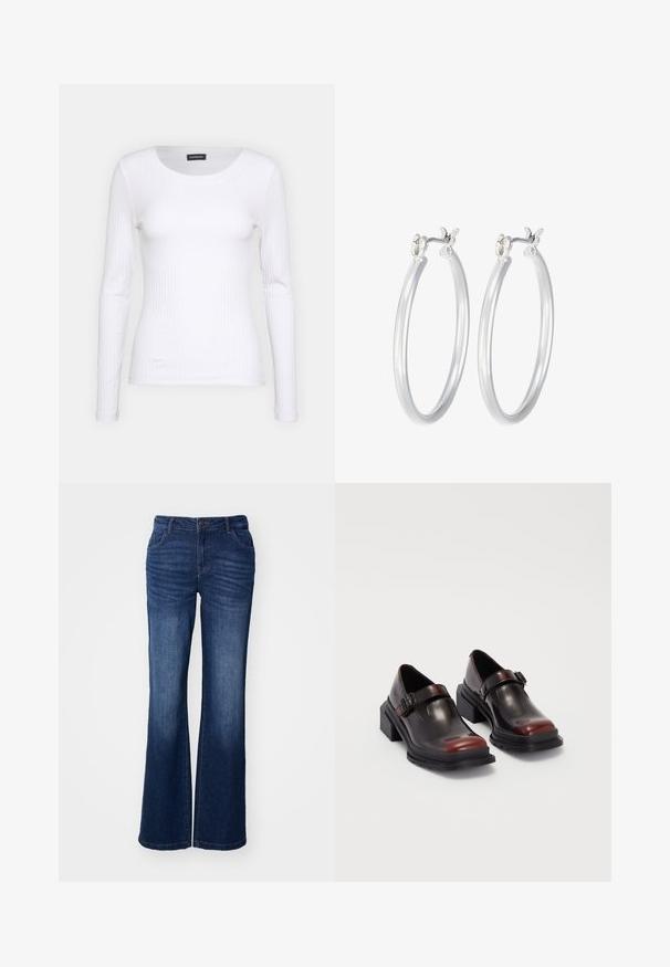 Bílé žebrované tričko s dlouhým rukávem a kulatým výstřihem. Vyrobeno z elastické tkaniny, která obepíná tělo. Obsahuje jemné horizontální pruhy.; Modré denimové zvonové džíny se středním pasem, pěti kapsami a jemným blednutím na stehnech. Obsahují přední zapínání na knoflík a zip.; Kožené boty na blokovém podpatku s lesklým tmavě burgundským povrchem, vybavené páskem na přezku a designem s kulatou špičkou. Texturovaná podrážka pro lepší přilnavost.; Stříbrné kruhové náušnice s hladkým, lesklým povrchem. Kulatý tvar a bezpečné zapínání na klip. Lehký design vhodný pro každodenní nošení.
