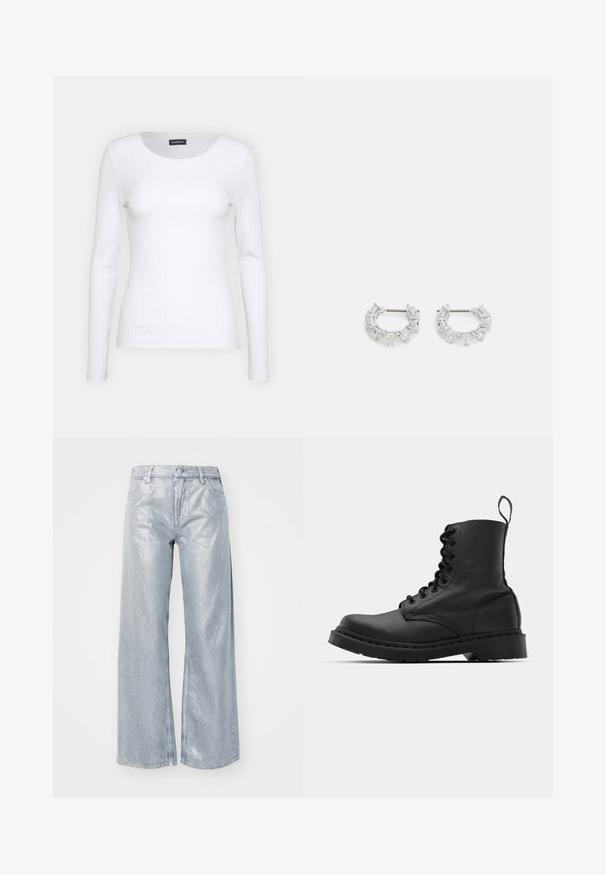 Fehér bordás, hosszú ujjú felső, kerek nyakkivágással. Rugalmas anyagból készült, amely követi a test vonalát. Finom vízszintes csíkokkal díszített.; Fényes ezüst színű, bőszárú farmernadrág magas derekú fazonnal, öt zsebbel és cipzáras záródással. Az anyag sima, fémes hatású.; Fekete bőr harci csizma, kerek orral, fűzős elülső résszel és húzófüllel a bokánál. Vastag gumitalp jellemzi, amely tartósságot biztosít.; Ezüst karika fülbevalók, átlátszó, téglalap és háromszög alakú kristályokkal, mintás elrendezésben. Biztonságos rögzítést biztosító fülbevaló pálcikák.