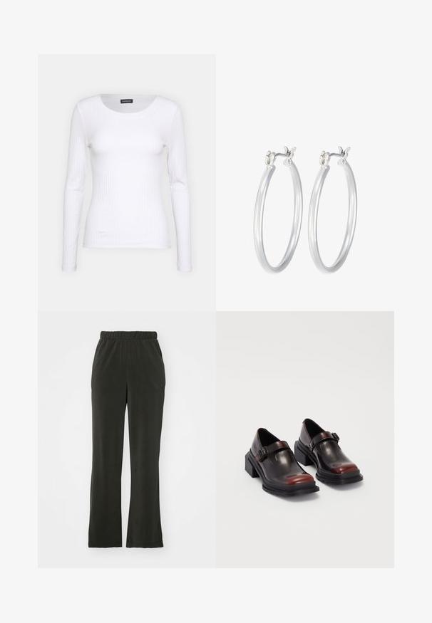 White ribbed long-sleeve top with a round neckline. Made from a stretchy fabric that hugs the body. Features subtle horizontal lines.; Black, soft fabric pants with an elastic waistband, featuring a relaxed fit and straight legs. No visible patterns or accents.; Leather block-heeled shoes with a shiny dark burgundy finish, featuring a buckle strap and rounded toe design. Textured outsole for grip.; Silver hoop earrings with a smooth, polished finish. Round shape and secure click-top closure. Lightweight design suitable for everyday wear.
