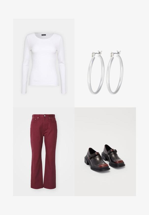 Vit ribbad långärmad topp med rund halsringning. Tillverkad av ett elastiskt material som följer kroppens konturer. Har diskreta horisontella linjer.; Burgundy vida jeans i denim, med knappstängning fram, bältesöglor och två framfickor. Slät textur med minimal sömnad.; Läder blockklacksskor med en glänsande mörk burgundy finish, utrustade med en spänne och rund tå-design. Texturerad yttersula för bra grepp.; Silverfärgade hoopörhängen med en slät, polerad yta. Rund form och säker klickstängning. Lättviktig design som passar för vardagligt bruk.