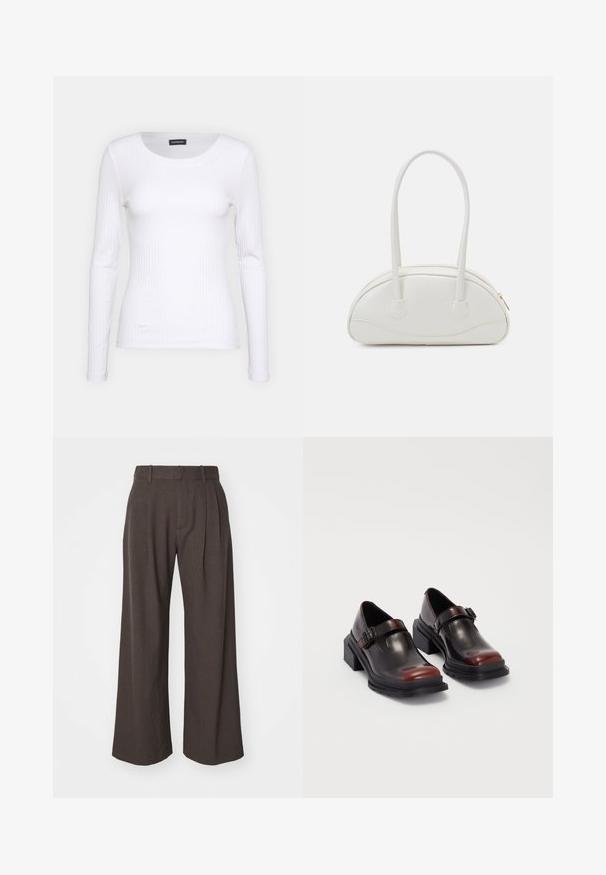 T-shirt à manches longues blanc côtelé avec un col rond. Fabriqué en un tissu extensible qui épouse le corps. Présente de fines lignes horizontales.; GAP TROUSER - Pantalon classique - brown; Chaussures à talons carrés en cuir avec une finition bordeaux foncé brillante, dotées d'une sangle avec boucle et d'un design à bout arrondi. Semelle texturée pour une meilleure adhérence.; Even&Odd Sac à main - off-white