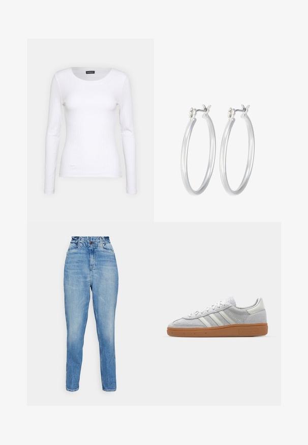 Bijela rebrasta dugosveđa majica s okruglim izrezom. Izrađena od rastezljivog materijala koji se prilagođava tijelu. Sadrži suptilne horizontalne linije.; Traperice visokog struka u svijetloplatoj boji, s teksturiranom završnom obradom, pet džepova i jednim dugmetom za zatvaranje na struku.; Svijetlosivi nubuk tenisice s bijelim kožnim detaljima, tri bijele pruge i smeđa gumena potplat, s podstavljenim ovratnikom radi udobnosti.; Srebrne kružne naušnice s glatkom, poliranom površinom. Okrugli oblik i sigurno kopčanje na klik. Lagani dizajn pogodan za svakodnevno nošenje.