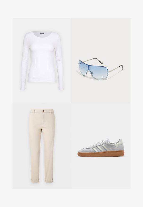 Balts ribots garām piedurknēm krekls ar apaļu kakla izgriezumu. Izgatavots no elastīga auduma, kas pieguļ ķermenim. Iezīmējas ar smalkām horizontālām līnijām.; Beige chinos ar taisnu kāju dizainu, izgatavoti no kokvilnas. Satur pogu aizdari, priekšējās kabatas un pievilktus garumus pie potītēm.; Gai pelēki zamšīgās kedas ar baltām ādas detaļām, trim baltām līnijām un brūnu gumijas zoli, ar mīkstinātu apkakli komforta nodrošināšanai.; Pilotstila saulesbrilles ar gradienta zilām lēcām, sudraba metāla rāmjiem un dekoratīvām zvaigžņu akcentiem uz lēcām. Gluda un eleganta dizaina.