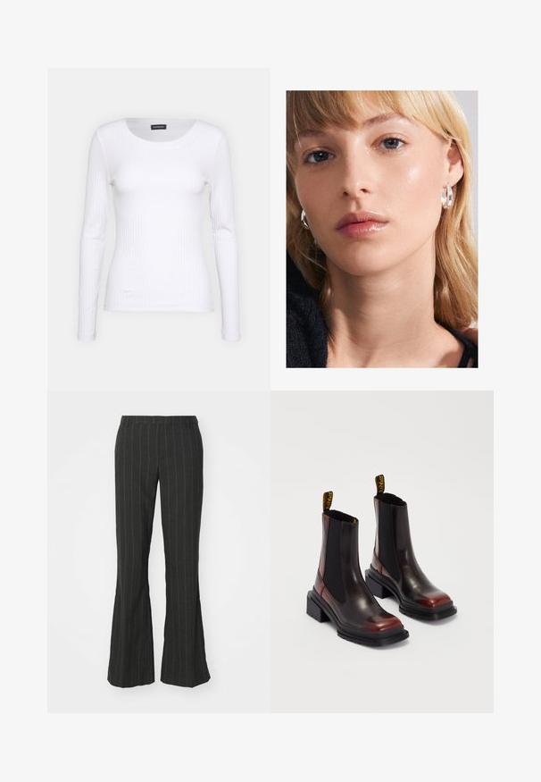 White ribbed long-sleeve top with a round neckline. Made from a stretchy fabric that hugs the body. Features subtle horizontal lines.; Black flared pants with white vertical stripes, featuring a tailored waistband and a smooth, textured fabric.; Dr. Martens MAYBOLE CHELSEA - Platform ankle boots - black/cherry red; Pilgrim ASHER RECYCLED EARRINGS - Earrings - silver-coloured