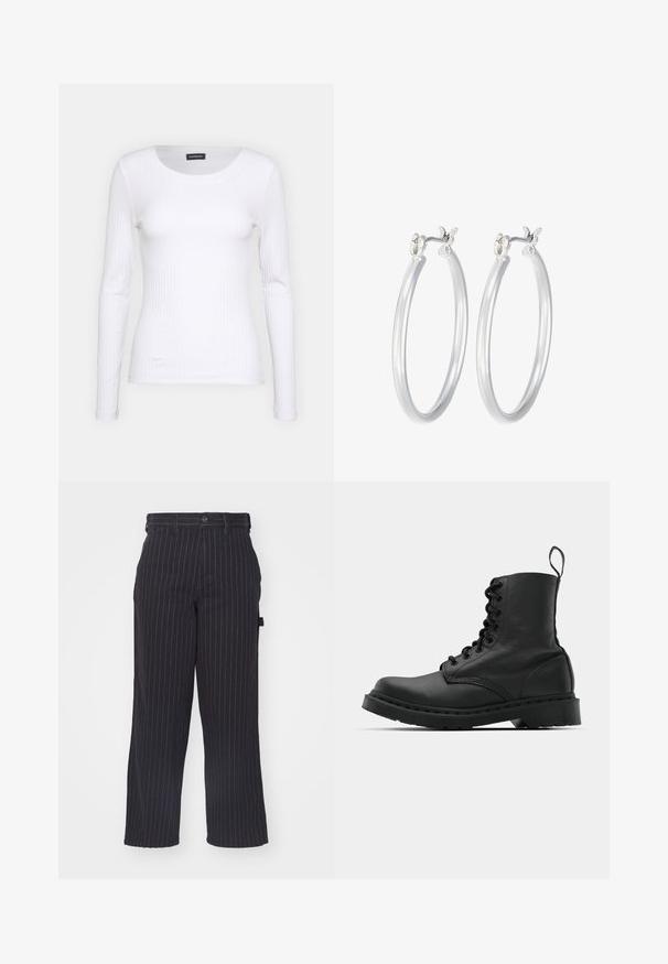 Balts ribots garām piedurknēm krekls ar apaļu kakla izgriezumu. Izgatavots no elastīga auduma, kas pieguļ ķermenim. Iezīmējas ar smalkām horizontālām līnijām.; Melnas pinstrīpa bikses, izgatavotas no teksturēta auduma ar taisnu griezumu, ar pogu aizdari un jostas cilpiņām.; Melnas ādas kaujas zābaki ar apaļu purngalu, auklām priekšā un cilpu potītes daļā. Iespējojums ir biezs gumijas zolei, kas nodrošina izturību.; Sudraba riņķveida auss gredzeni ar gludu, pulētu apdari. Apaļa forma un drošs klikšķa augšējais slēgums. Viegls dizains, kas piemērots ikdienas valkāšanai.