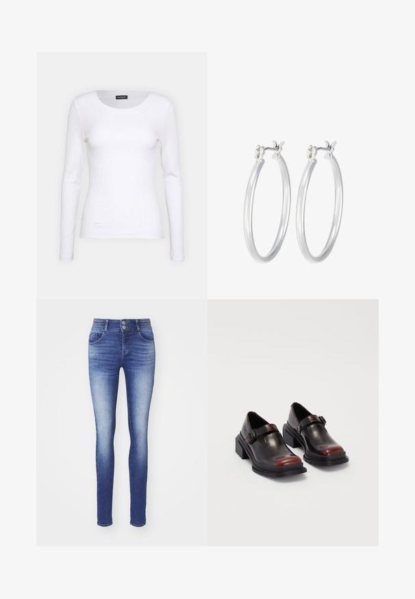 Valge soonikuline pikkade varrukatega pluus ümmarguse kaelusega. Valmistatud venivast kangast, mis kehale siledalt ümber läheb. Omab peeneid horisontaalseid jooni.; Peenikesed teksad tumedas sinises denimis, millel on pleekinud viimistlus. Omab kahte esitaskut, kõrget vööd ja kaht nuppu kinnitamiseks.; Nahkased blokeeritud kontsaga kingad, millel on läikiv tume burgundi värv, koos pannalalusega ja ümarate sõrmedega disainiga. Struktuurne välistald haarde jaoks.; Hõbedased rõngaskõrvarõngad, millel on sile, läikiv viimistlus. Ümmargune kuju ja turvaline klõpsulatus. Kerge disain, sobib igapäevaseks kandmiseks.