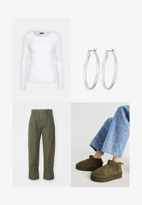 Balta, raukšlėta ilgarankovė palaidinė su apvalia iškirpte. Pagaminta iš elastingos medžiagos, kuri prisitaiko prie kūno. Pasipuošusi subtiliomis horizontaliosiomis linijomis.; Alyvuogių žalios spalvos krovininės kelnės, pagamintos iš medvilnės, su keliais kišenėmis, tiesios kojos dizainu ir sukrautomis rankogaliais ties kulkšnies.; Alyvuogių žalios spalvos zomšiniai ankle batai su stora, tekstūruota pada ir kilpos užtrauktuku. Derinami su šviesiai mėlynomis, papuoštomis džinsinėmis kelnėmis.; Sidabriniai auskarai su sklandžiu, poliruotu paviršiumi. Apvalios formos ir saugus uždarymo mechanizmas. Lengvas dizainas, tinkantis kasdieniam dėvėjimui.