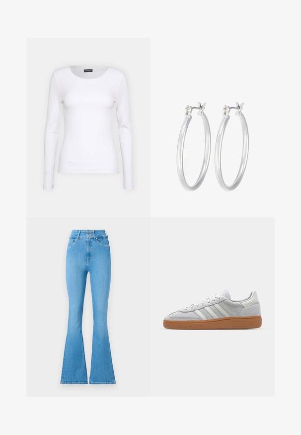 Bílé žebrované tričko s dlouhým rukávem a kulatým výstřihem. Vyrobeno z elastické tkaniny, která obepíná tělo. Obsahuje jemné horizontální pruhy.; Světle modré zvonové džíny s vysokým pasem, které mají dvouknoflíkový zapínání a jemné švy. Hladká textura po celém povrchu.; Svetle šedé nubukové tenisky s bílými koženými akcenty, třemi bílými pruhy a hnědou gumovou podrážkou, s polstrovaným límcem pro pohodlí.; Stříbrné kruhové náušnice s hladkým, lesklým povrchem. Kulatý tvar a bezpečné zapínání na klip. Lehký design vhodný pro každodenní nošení.