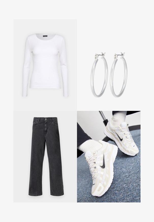 Biała, prążkowana bluzka z długim rękawem i okrągłym dekoltem. Wykonana z elastycznej tkaniny, która dobrze przylega do ciała. Posiada subtelne poziome pasy.; Czarne dżinsy o prostym kroju nogawki, z metalowym zapięciem na guzik, pięcioma kieszeniami i widocznym szwem. Gładka tekstura i stonowany kolor.; Białe i beżowe sneakersy Nike z siateczkową cholewką, teksturowanym pokryciem, czarnym logo Swoosh oraz amortyzowaną podeszwą z bieżnikiem.; Srebrne kolczyki w formie kółek o gładkim, polerowanym wykończeniu. O okrągłym kształcie i pewnym zapięciu na klik. Lekka konstrukcja odpowiednia do codziennego noszenia.