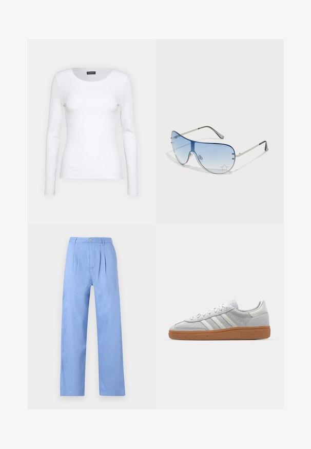 Valge soonikuline pikkade varrukatega pluus ümmarguse kaelusega. Valmistatud venivast kangast, mis kehale siledalt ümber läheb. Omab peeneid horisontaalseid jooni.; Heledad sinised linased püksid, pleediga ees, kõrge vöökoht ja sirge jalgade lõige. Vöökoha juures on nööbi kinnitus.; Heledad hallhall kreemikas nähtav dress särk valgete nahka elementidega, kolm valget triipu ja pruun kummikreen, millel on mugavuse tagamiseks pehmendusega kaelus.; Aviatori prillid, millel on gradient sinine objektiiv, hõbedane metallraam ja dekoratiivsed staaraktsendid objektiivil. Sujuv ja stiilne disain.