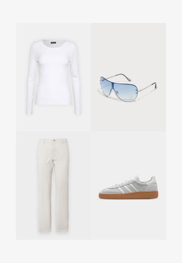 Bela rebrasta majica z dolgimi rokavi in okruglim izrezom. Narejena iz elastičnega materiala, ki se prilega telesu. Značilen je diskreten horizontalni potisk.; Naravne hlače bež barve s ravnimi nogami, z obročki za pas, sprednjim gumbom in zadrgo na preprosti beli podlagi.; Svjetlo sivi suedesni sportski cipeli s bijelim kožnim naglascima, tri bijele pruge i smeđi gumeni potplat, s podstavljenim ovratnikom za udobnost.; Pilotne sončne očala z gradijentnimi modrimi lečami, srebrnim kovinskim okvirjem in okrasnimi zvezdastimi detajli na lečah. Gladek in eleganten dizajn.