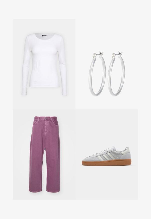Hvid ribbet langærmet trøje med rund halsudskæring. Fremstillet af et strækstof, der sidder tæt til kroppen. Har subtile horisontale linjer.; Carhartt WIP BRANDON PANT - Jeans Relaxed Fit - dusty fuchsia; Lys grå ruskinds sneaker med hvide læderdetaljer, tre hvide striber og en brun gummisål, der har en polstret krave for komfort.; Sølv hoop øreringe med en glat, poleret overflade. Rund form og sikker klik-lukning. Letvægtsdesign, der er velegnet til hverdagsbrug.