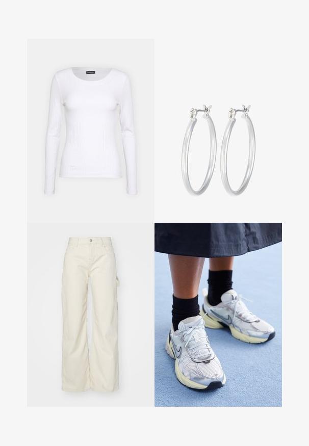 Weißes geripptes Langarmoberteil mit Rundhalsausschnitt. Aus einem dehnbaren Stoff gefertigt, der den Körper umschmeichelt. Verfügt über dezente horizontale Streifen.; Weite Hosen aus hellem beigen Stoff mit hoher Taille, Fronttaschen und seitlichem Schlaufen-Detail für zusätzlichen Komfort.; Weiße und silberne Nike-Sneaker aus Mesh-Gewebe, mit reflektierenden Akzenten und einer beigen Sohle. Getragen mit schwarzen Socken und stehend auf einer blauen Fläche.; Silberne Creolen mit einer glatten, polierten Oberfläche. Runder Form und sicherem Klickverschluss. Leichtes Design, geeignet für den täglichen Gebrauch.