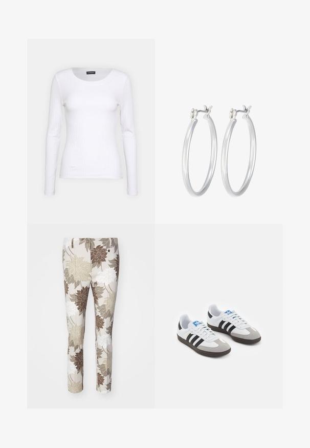 White ribbed long-sleeve top with a round neckline. Made from a stretchy fabric that hugs the body. Features subtle horizontal lines.; Floral-patterned trousers in beige, brown, and white. Features a smooth fabric with a straight leg design and button closure.; Sport shoes with a white leather upper, gray suede toe, and three black stripes. Features a blue logo on the tongue and a textured rubber sole.; Silver hoop earrings with a smooth, polished finish. Round shape and secure click-top closure. Lightweight design suitable for everyday wear.