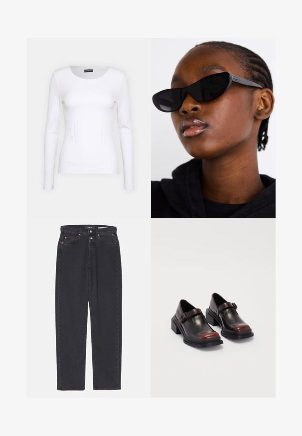 Valge soonikuline pikkade varrukatega pluus ümmarguse kaelusega. Valmistatud venivast kangast, mis kehale siledalt ümber läheb. Omab peeneid horisontaalseid jooni.; Mustad denim teksad, sirge lõikega, millel on vasknõelad, nööbi kinnihoidmine ja viis taskut. Puhta disainiga, ilma lisakaunistusteta.; Nahkased blokeeritud kontsaga kingad, millel on läikiv tume burgundi värv, koos pannalalusega ja ümarate sõrmedega disainiga. Struktuurne välistald haarde jaoks.; Must musta silmad eest vaatavad mustad prillid, millel on matt viimistlus, elegantne disain ja õrnalt kõverad servad, mudeli tumeda riietuse taustal.