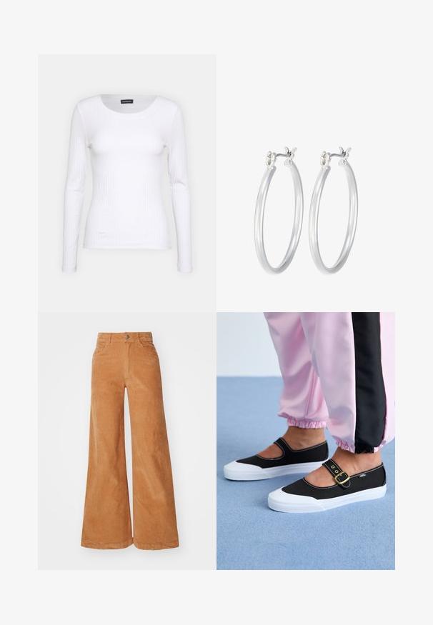 White ribbed long-sleeve top with a round neckline. Made from a stretchy fabric that hugs the body. Features subtle horizontal lines.; Corduroy wide-leg trousers in a warm brown color, featuring a high waist, button closure, and two front pockets. Smooth texture and visible seam details.; Black canvas shoes with a white sole, featuring a cutout design and a gold buckle strap. Worn with pink track pants.; Silver hoop earrings with a smooth, polished finish. Round shape and secure click-top closure. Lightweight design suitable for everyday wear.