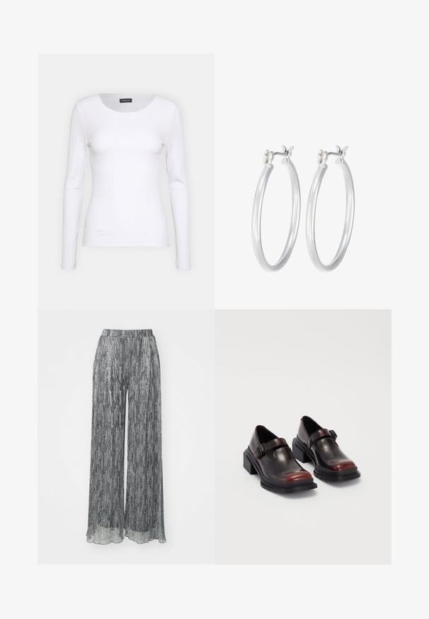 Vit ribbad långärmad topp med rund halsringning. Tillverkad av ett elastiskt material som följer kroppens konturer. Har diskreta horisontella linjer.; Svartvita vida byxor med en veckad textur, elastisk midja och genomskinlig nederkant. Tyget har vertikala ränder.; Läder blockklacksskor med en glänsande mörk burgundy finish, utrustade med en spänne och rund tå-design. Texturerad yttersula för bra grepp.; Silverfärgade hoopörhängen med en slät, polerad yta. Rund form och säker klickstängning. Lättviktig design som passar för vardagligt bruk.