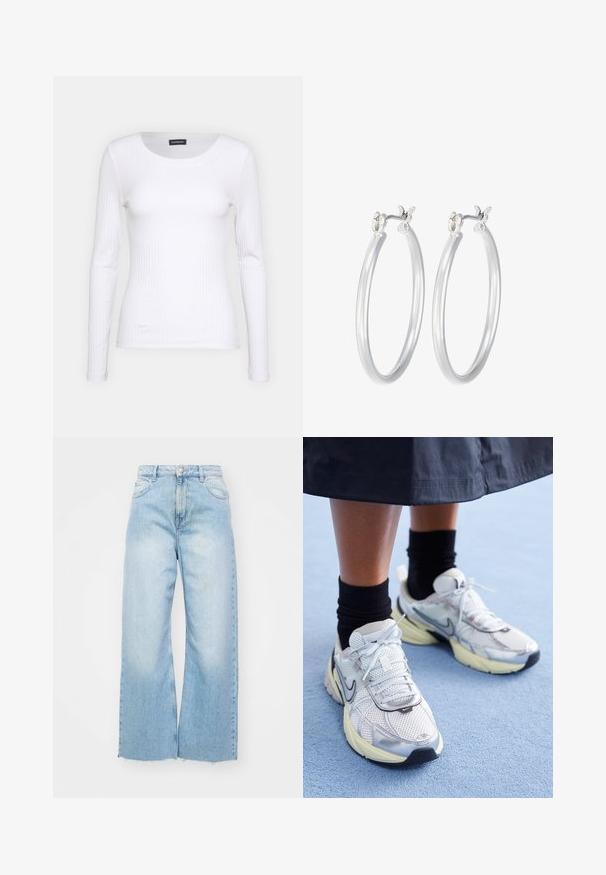 Valkoinen raidallinen pitkähihainen paita, jossa on pyöreä pääntie. Valmistettu stretch-kankaasta, joka myötäilee vartaloa. Sisältää hillittyjä vaakasuoria viivoja.; Vaaleansiniset leveälahkeiset farkut, joissa on korkeavyötärö, haalistuneet yksityiskohdat, nappikiinnitys ja raidan reunat alaosassa.; Valkoiset ja hopeiset Nike-lenkkarit, joissa on verkkomateriaalia, heijastavia yksityiskohtia ja beige pohja. Käytetään mustien sukkien kanssa, seisten sinisellä pinnalla.; Hope-silver rengas, joissa on sileä ja kiillotettu pinta. Pyöreä muoto ja turvallinen napsautettava lukitus. Kevyt muotoilu sopii päivittäiseen käyttöön.