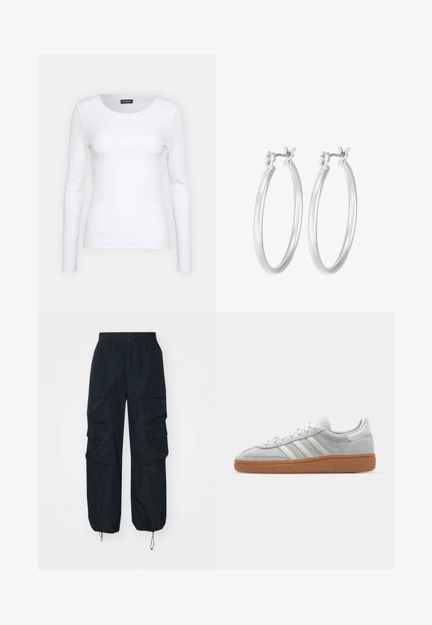 Vit ribbad långärmad topp med rund halsringning. Tillverkad av ett elastiskt material som följer kroppens konturer. Har diskreta horisontella linjer.; Svarta cargo-byxor gjorda av lätt material, med flera sidofickor, resår i midjan och justerbara nederkanter.; Ljusgrå mockasnörsko med vita läderdetaljer, tre vita ränder och en brun gummisula, med en vadderad krage för extra komfort.; Silverfärgade hoopörhängen med en slät, polerad yta. Rund form och säker klickstängning. Lättviktig design som passar för vardagligt bruk.