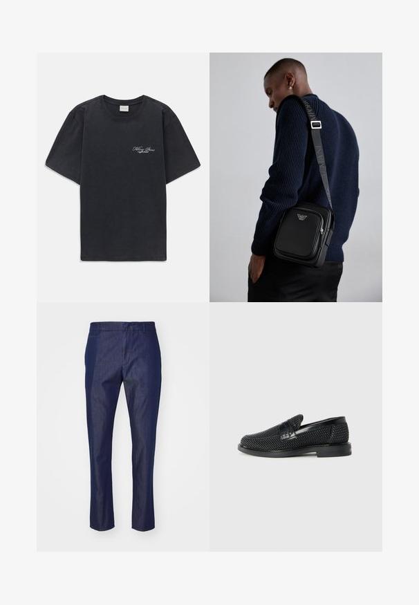 Must have lühikesed varrukad ümmarguse kaelusega must T-särk, millel vasakul rinnal on väike valge "Filling Pieces" teksti logo.; Tumed sinine denim pükstest sirge jala disainiga, lukuga, vöökohaga, millel on sile tekstuur ja minimaalne õmbluse detail.; Must musta kootud slip-on king, millel on pehme nahast accent ülaserval, ümmargune varvas ja madal profiiliga kummitald.; Must mustast nahkrist kotti, millel on lukkudega sektsioon, logo detail ja bränditud reguleeritav rihm. Kanda tekstuurse tumesinise sviitri vastu.