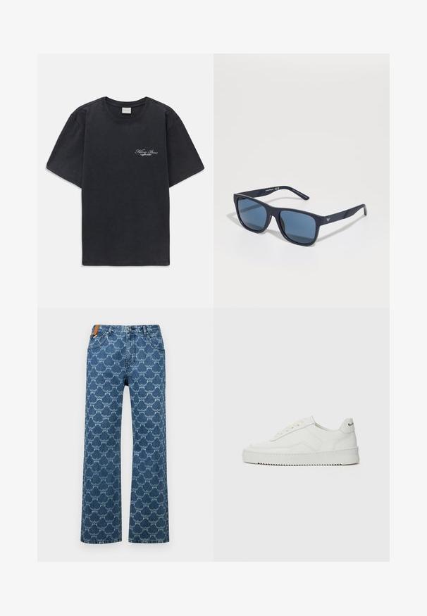 Čierne tričko s krátkym rukávom a okrúhlym výstrihom s malým bielym textovým logom "Filling Pieces" na ľavej hrudi.; MCM DENIM  - Džínsy voľného strihu - indigo; Biele kožené tenisky s hladkým povrchom, okrúly špičkový dizajn, ploché šnúrky a textúrovaná podrážka. Obsahujú jemné logo na päte.; Modré obdĺžnikové slnečné okuliare s tmavými sklami, matný námorní rám, detail loga na spánku, priamé ramená a pevná, hladká textúra.