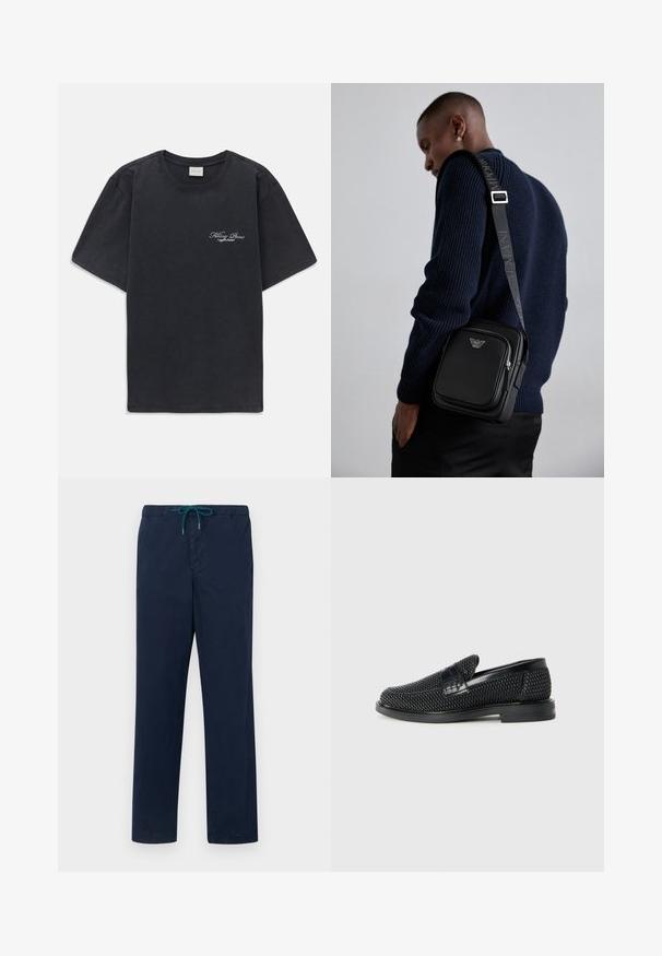 Svart kortermet t-skjorte med rund hals og liten hvit "Filling Pieces" tekstlogo på venstre bryst.; Mørkeblå bukser med elastisk midjebånd og tealkord, med rett ben design og glatt tekstur.; Sorte vevde slip-on sko med en glatt lærdetalj på overdelen, design med rund tå og en lavprofil gummisåle.; Svart lær crossbody-veske med en glidelåslomme, logo-detalj og justerbar rem med merke. Båret mot en teksturert marineblå genser.